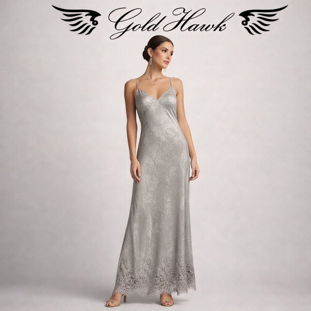 NWT Gold Hawk Maxi Silk & Lace Trimmed Slip Dress In Steeple Grey Size Small
